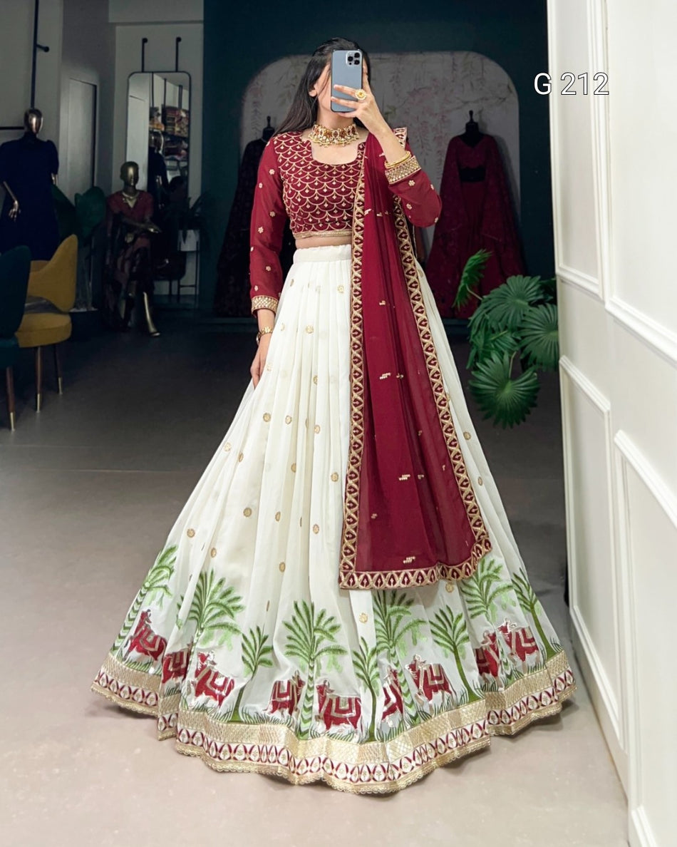 Sequins and Thread Embroidery Georgette Lehenga with Lace Touch Up – G 212 White