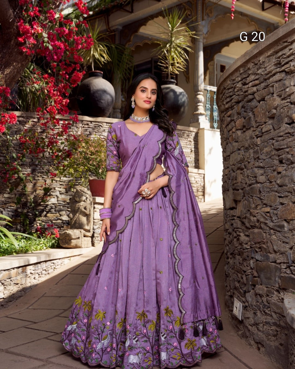 Lavender Vichitra Simmer Lehenga with Sequins & Thread Embroidery – G 20 Lavender