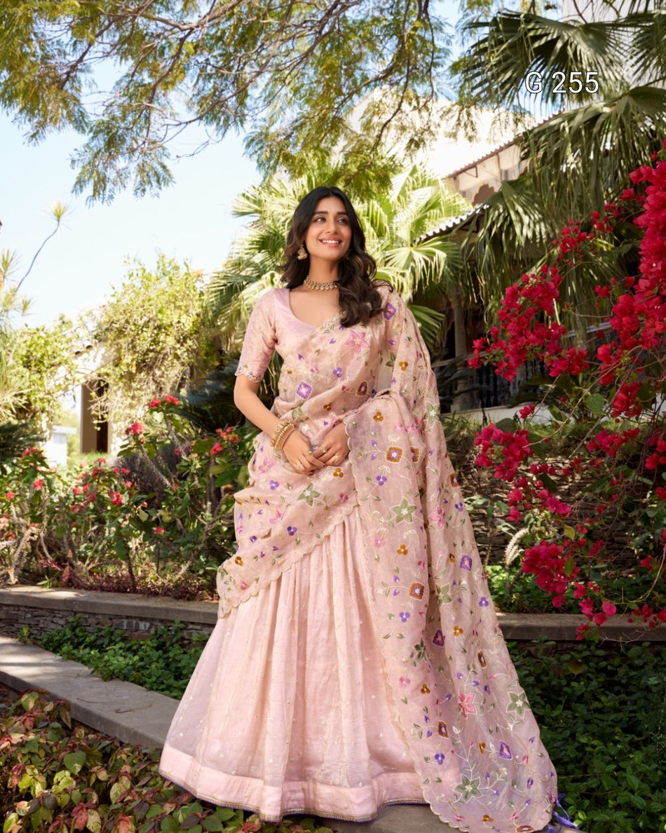 Sequins & Thread Embroidery Gold Crush Lehenga with Lace Border – G 255 Light Pink