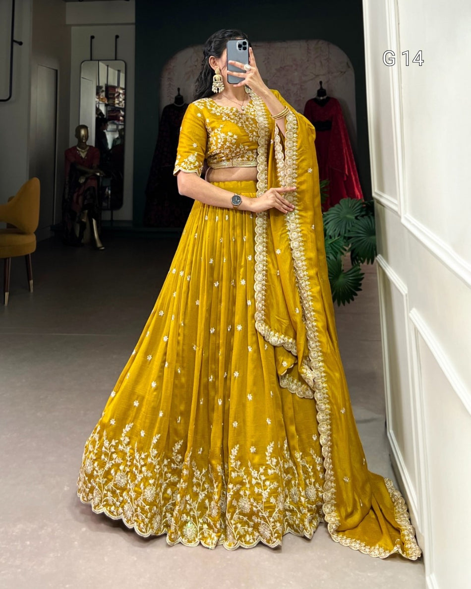 Mustard Vichitra Silk Lehenga with Sequins & Thread Embroidery Work – G 14 Mustred