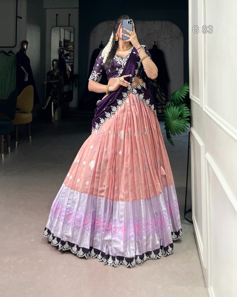 Zari Kota Lehenga with Sequins & Thread Embroidery Scallop Lace Border – G 83 Peach