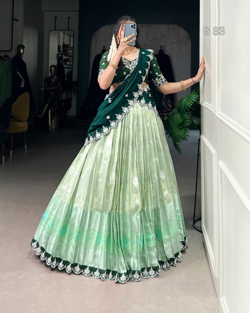 Zari Kota Lehenga with Sequins & Thread Embroidery Scallop Lace Border – G 83 Pista