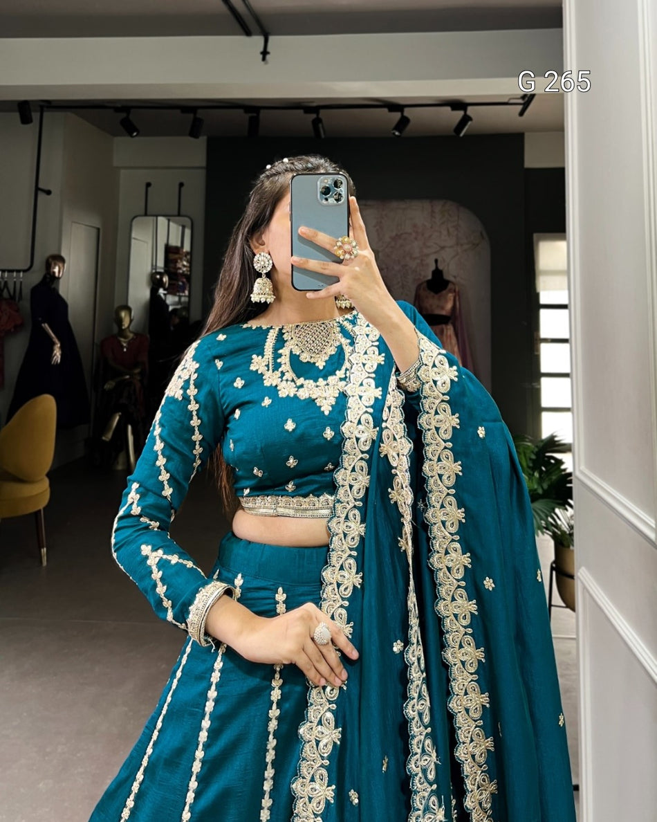 Sequins & Thread Embroidery Vichitra Silk Lehenga – G 265 Firozi