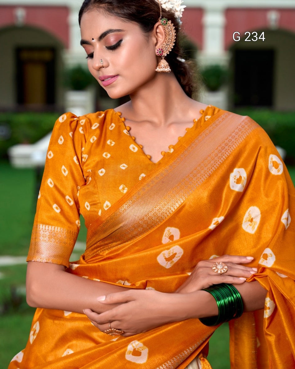 Shibori Print Dola Silk Lehenga with Zari Weaving Border – G 234 Mustard