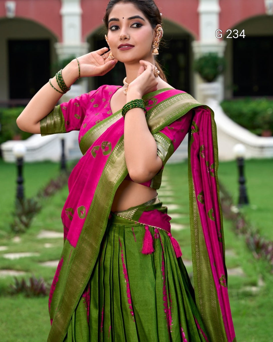 Shibori Print Dola Silk Lehenga with Zari Weaving Border – G 234 Pink