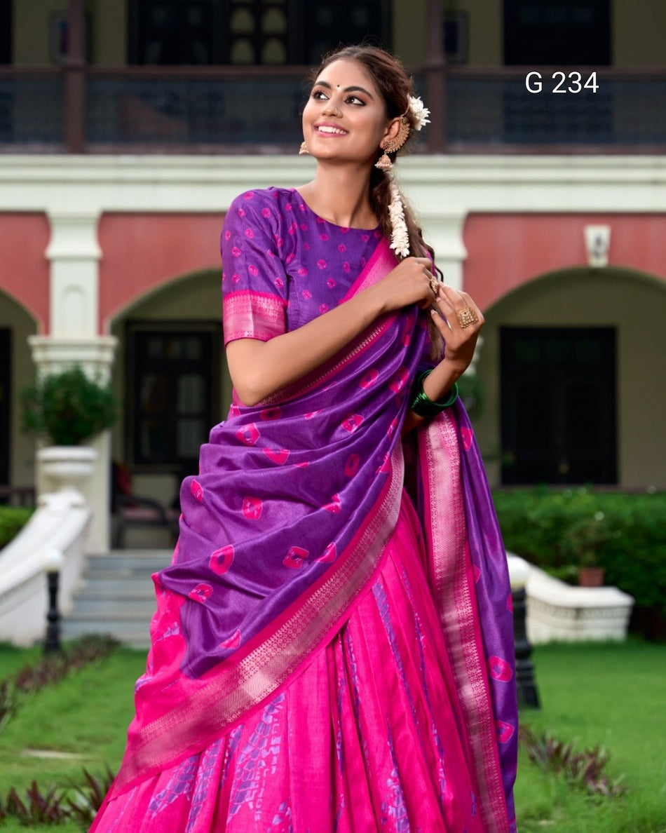 Shibori Print Dola Silk Lehenga with Zari Weaving Border – G 234 Purple