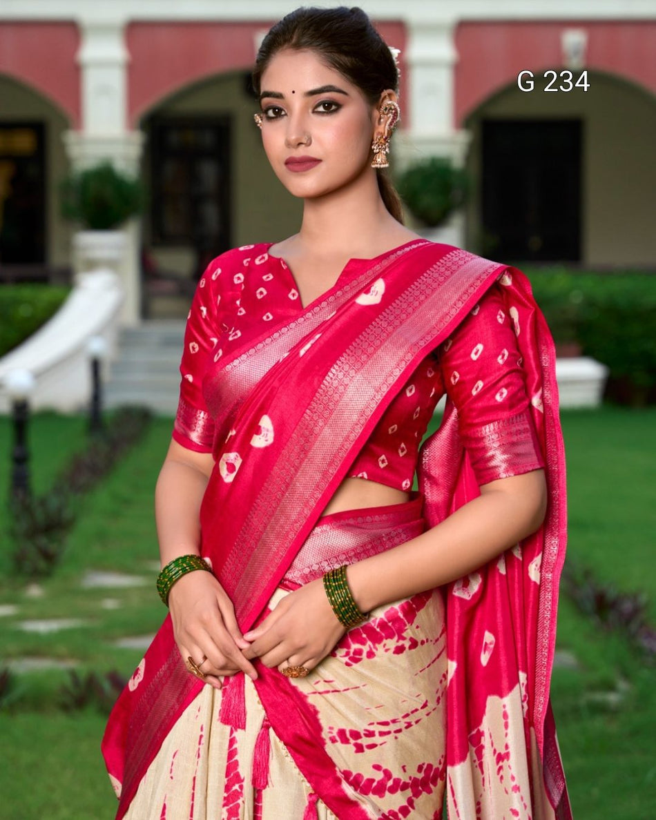 Shibori Print Dola Silk Lehenga with Zari Weaving Border – G 234 Red