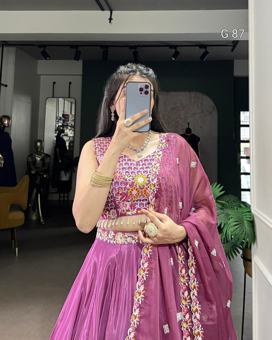 Silk Crepe Lehenga with Sequins & Thread Embroidery Work – G 87 Magenta pink