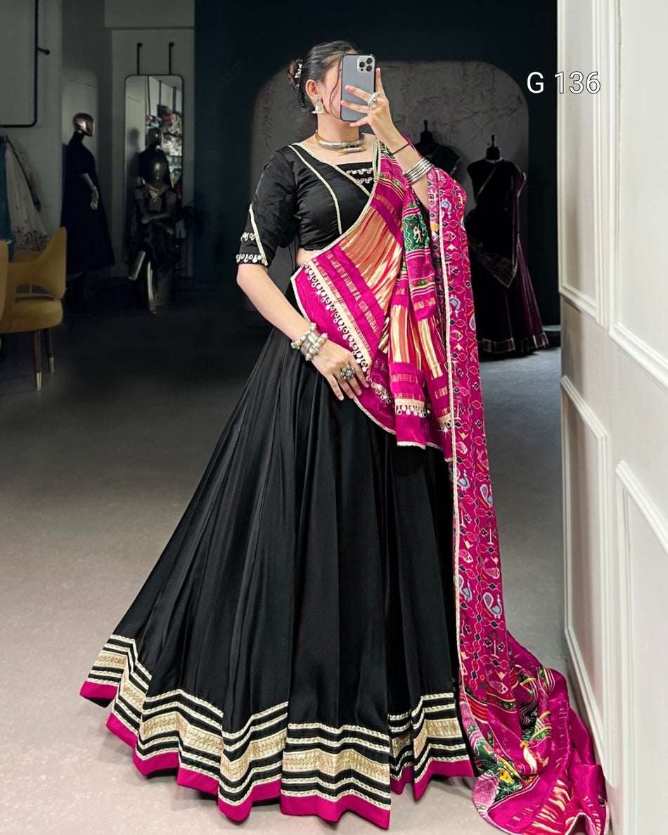 Silk Georgette Lehenga with Original Mirror Lace Touch Up & Digital Print Dupatta – G 136 Black