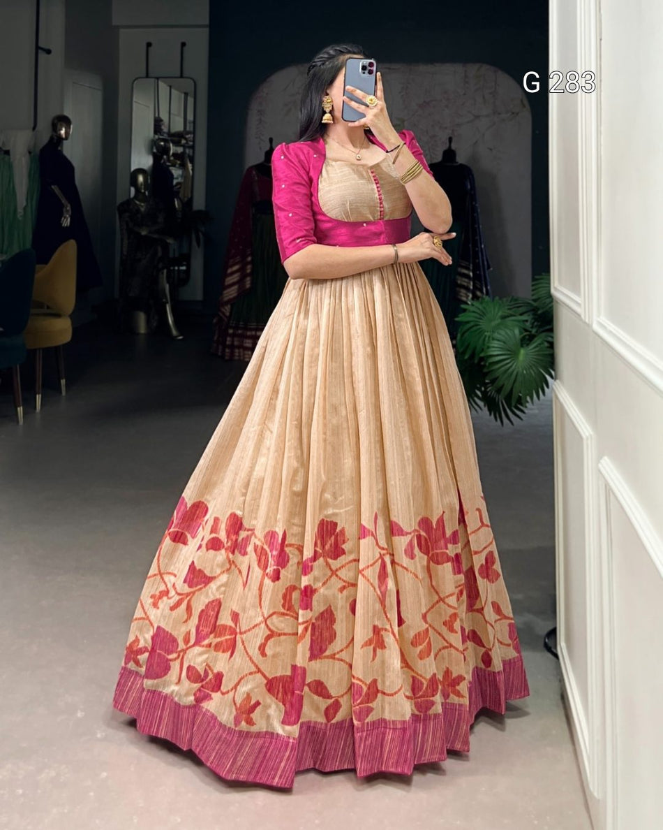 Printed Green Silk Gown with Sequins & Thread Embroidery Koti – G 283