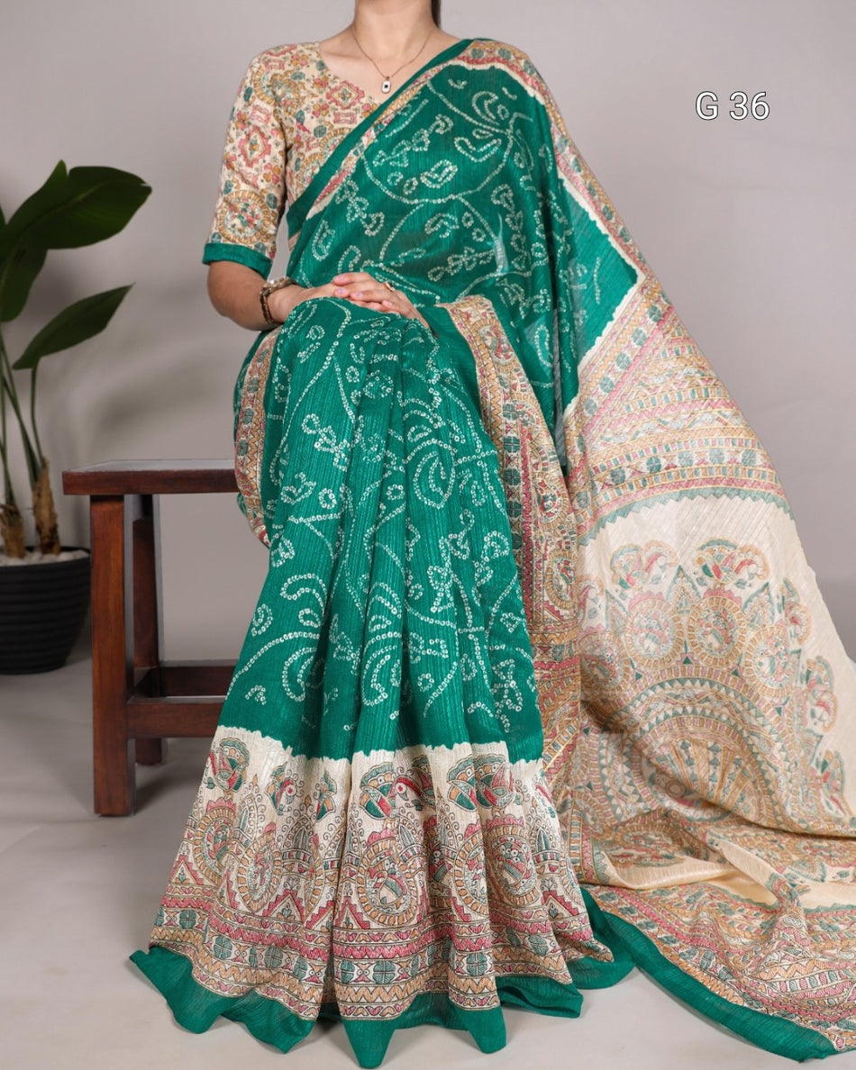 Purple Silk Saree with Madhubani & Bandhej Fusion Print – G 36
