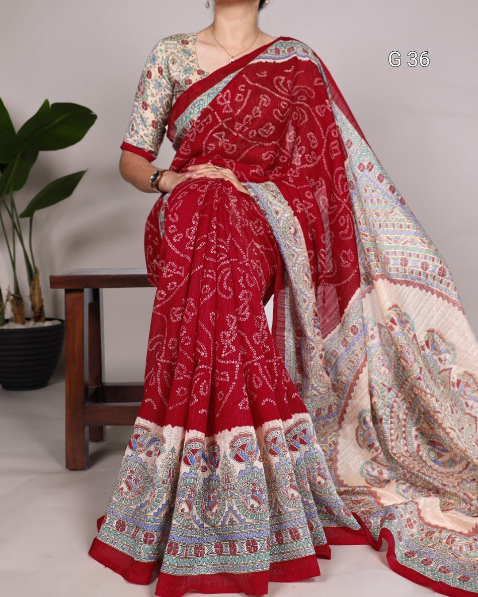 Purple Silk Saree with Madhubani & Bandhej Fusion Print – G 36