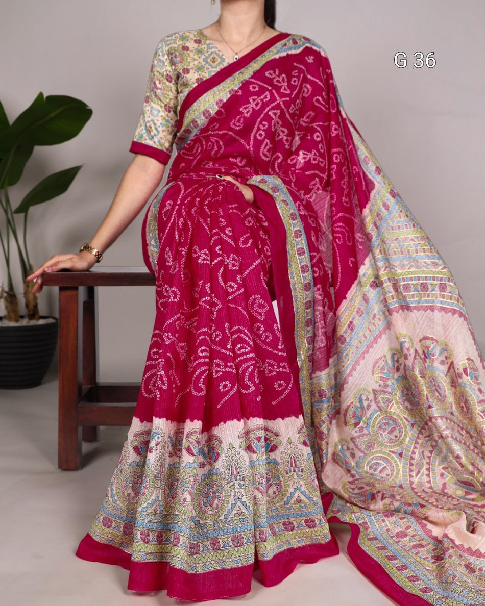 Purple Silk Saree with Madhubani & Bandhej Fusion Print – G 36