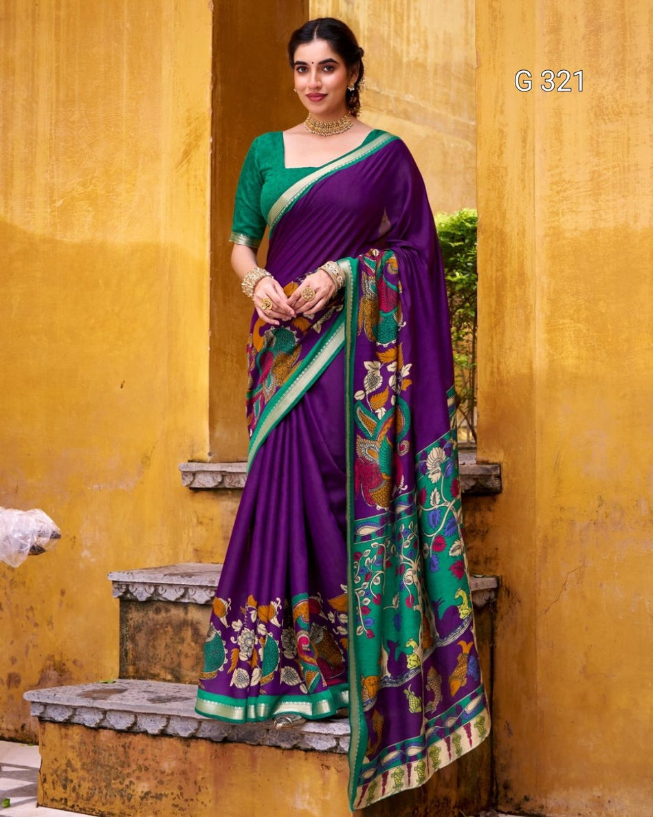 Polyester Viscose Chanderi Saree with Kalamkari & Zari Work – G 321