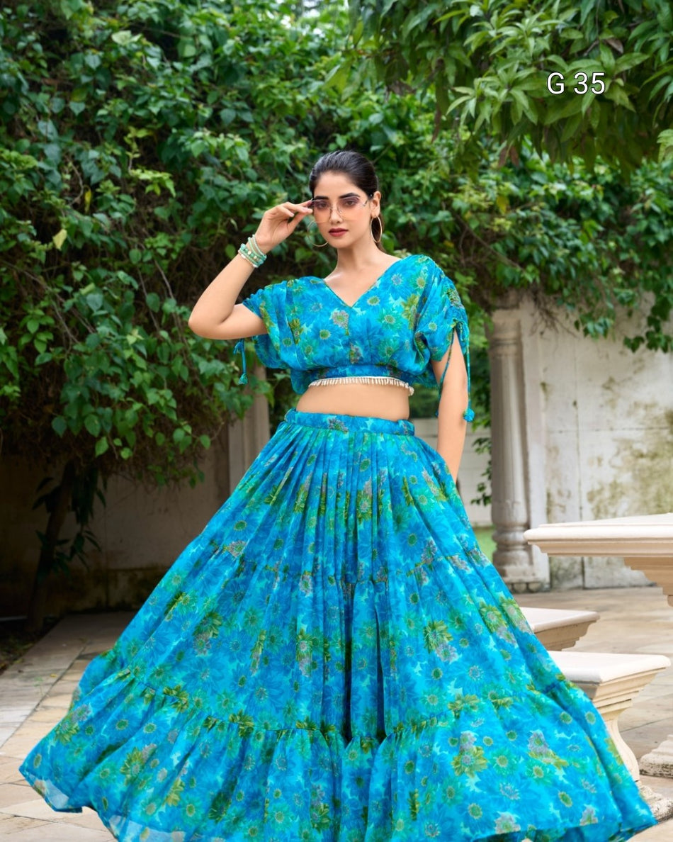 Sky Blue Chiffon Lehenga with Floral Print – Stitched Blouse with Pearl Touch Up - G 35 Sky Blue