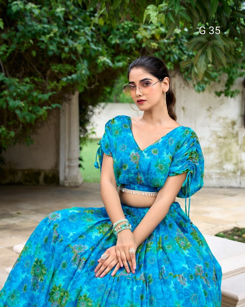 Sky Blue Chiffon Lehenga with Floral Print – Stitched Blouse with Pearl Touch Up - G 35 Sky Blue
