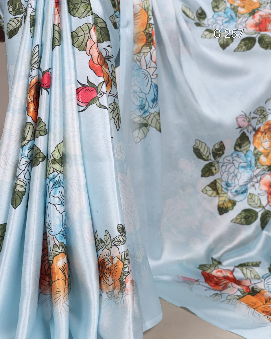 Floral Printed Satin Silk Saree – G 257 Sky Blue