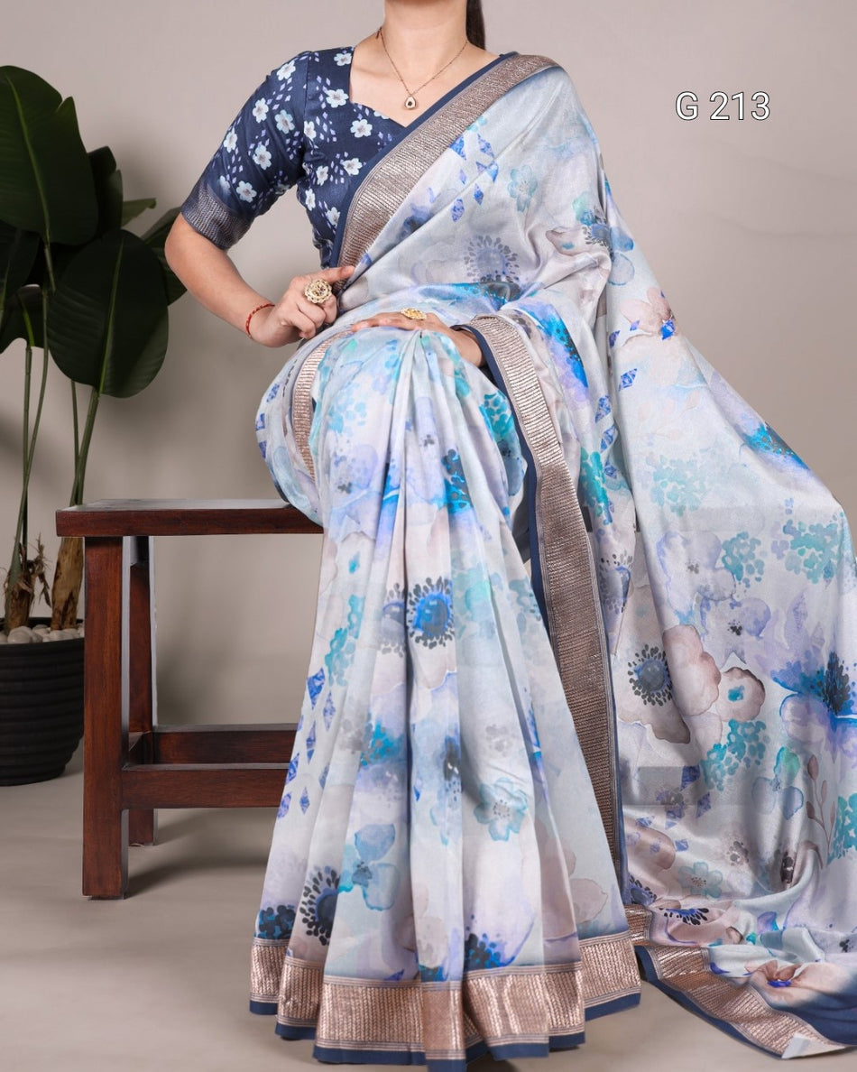 Floral Printed Tussar Silk Saree with Viscose Border – G 213