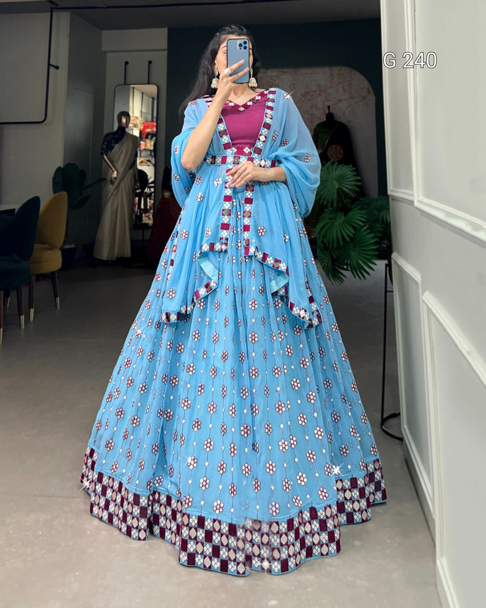 Sequins and Mirror Work Georgette Lehenga with Dupatta – G 240 Sky Blue