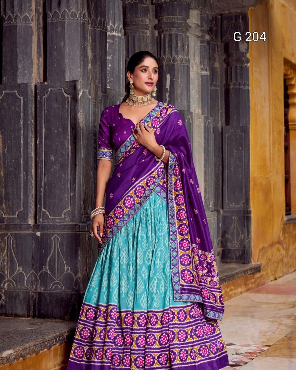 Ikkat Print Tasar Silk Lehenga with Sequins and Thread Embroidery Lace Blouse – G 204 Sky Blue