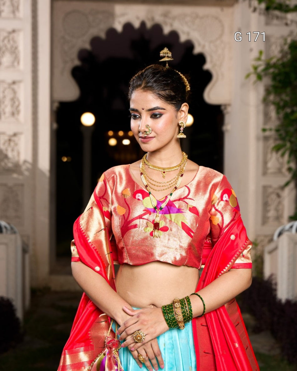 Sky Blue Jacquard Silk Paithani Lehenga with Zari Weaving & Handmade Tassels – G 171 Sky Blue
