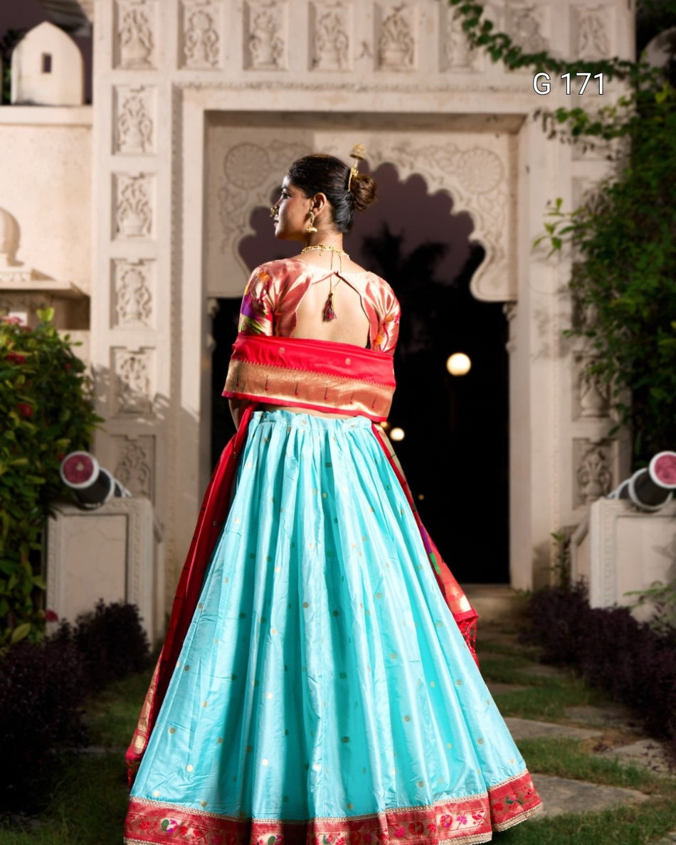 Sky Blue Jacquard Silk Paithani Lehenga with Zari Weaving & Handmade Tassels – G 171 Sky Blue