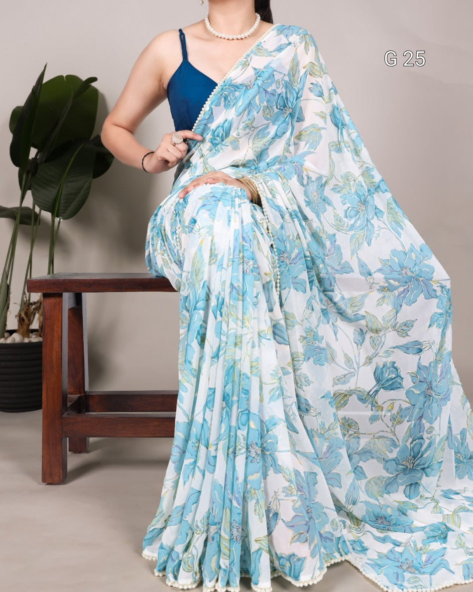 Weightless Marbal Saree with Floral Print & Pearl Lace Border – G 25