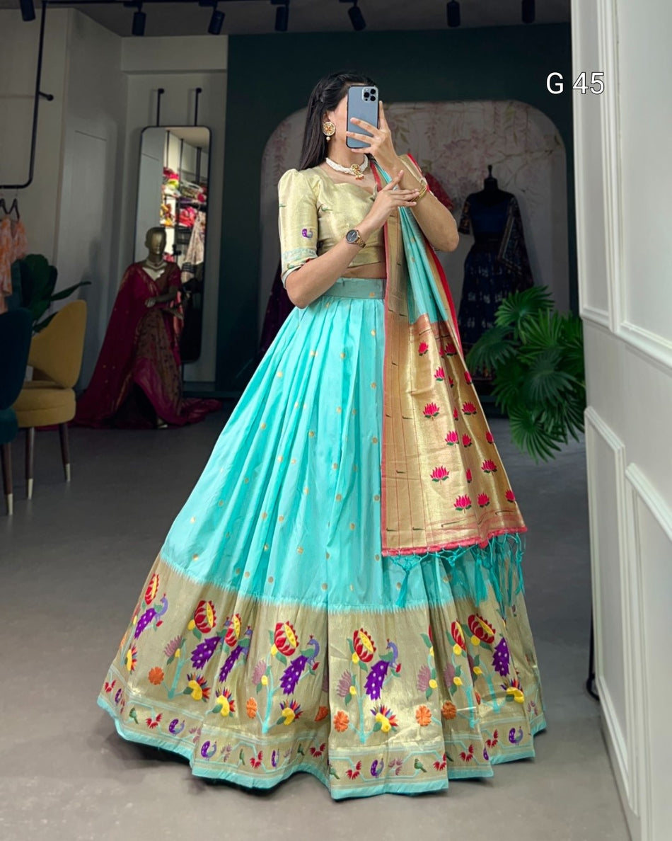 Jacquard Silk Paithani Lehenga with Zari Weaving Work & Handmade Tassels – G 45 Sky Blue