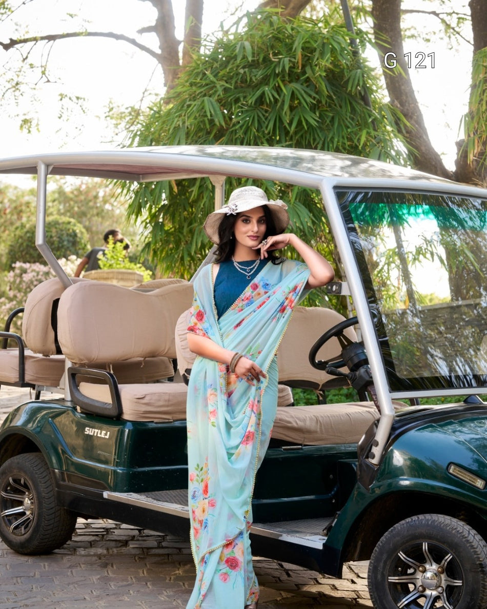 Sky Blue Floral Printed Saree with Pearl Lace Border - G 121 Sky Blue