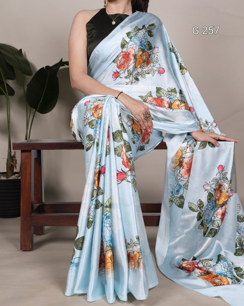 Floral Printed Satin Silk Saree – G 257 Sky Blue