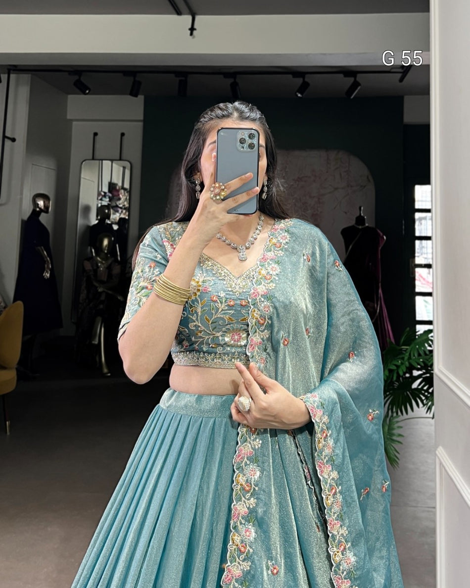 Zari Shimmer Lehenga with Sequins & Thread Embroidery Work – G 55 Sky Blue