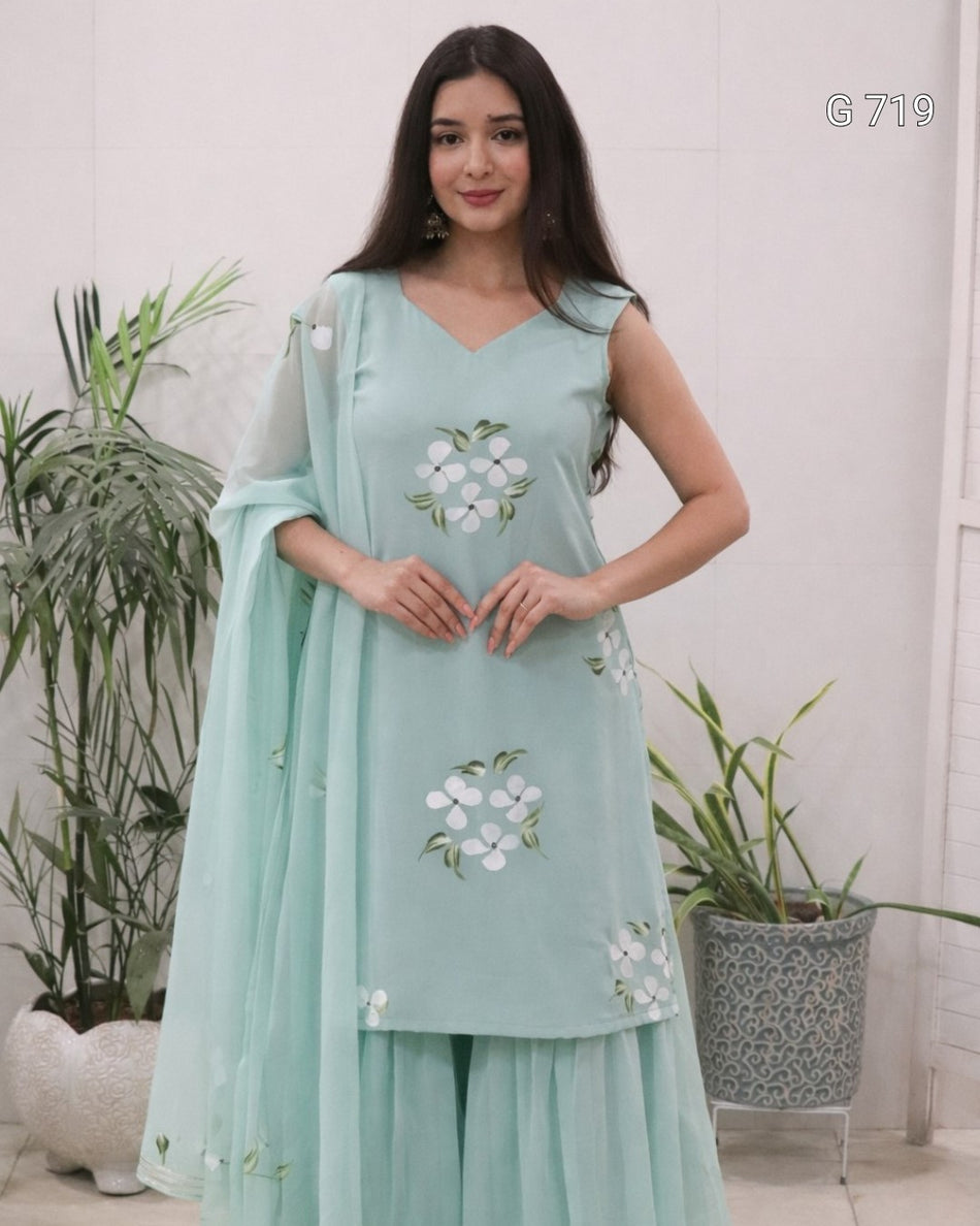 Pure Georgette Kurti Sharara Set with Hand Painting G 719