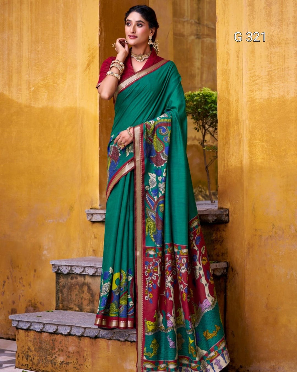Polyester Viscose Chanderi Saree with Kalamkari & Zari Work – G 321