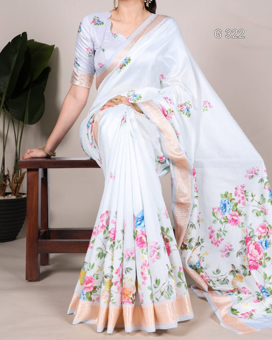 Tussar Silk Saree with Viscose Border & Printed Work – G 322