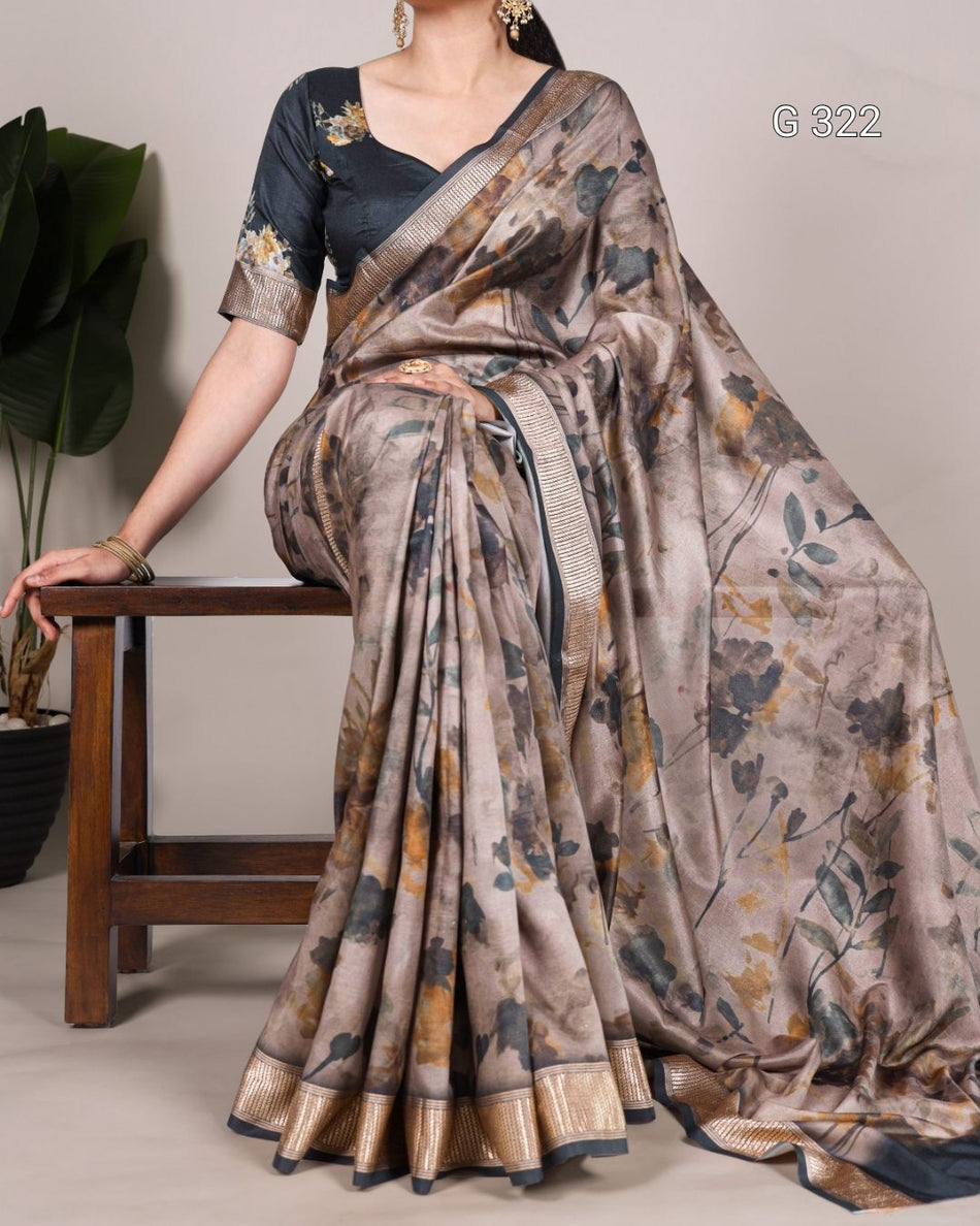 Tussar Silk Saree with Viscose Border & Printed Work – G 322