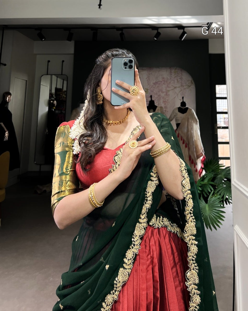 Red Narayan Pattu Lehenga with Zari Weaving Work – Stitched Blouse with Sequins Embroidery Dupatta - G 44 Red