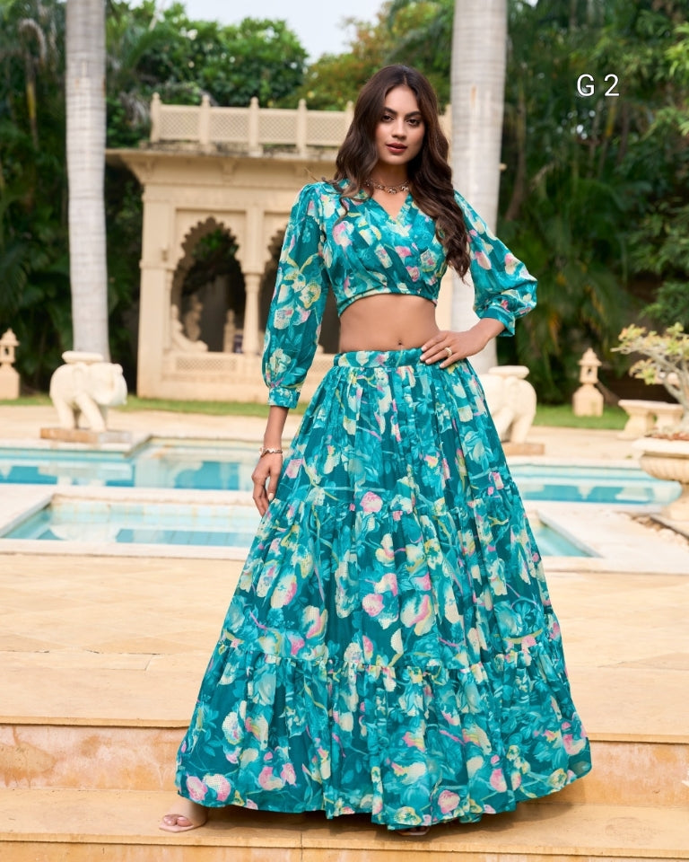 Floral Print Georgette Chex Lehenga – Stitched - G 2 Teal