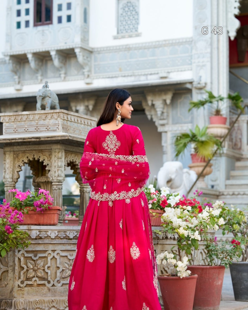 Pink Vichitra Silk Gown with Sequins & Thread Embroidery – Stitched Gown with Sequins Butties Dupatta - G 43 Pink