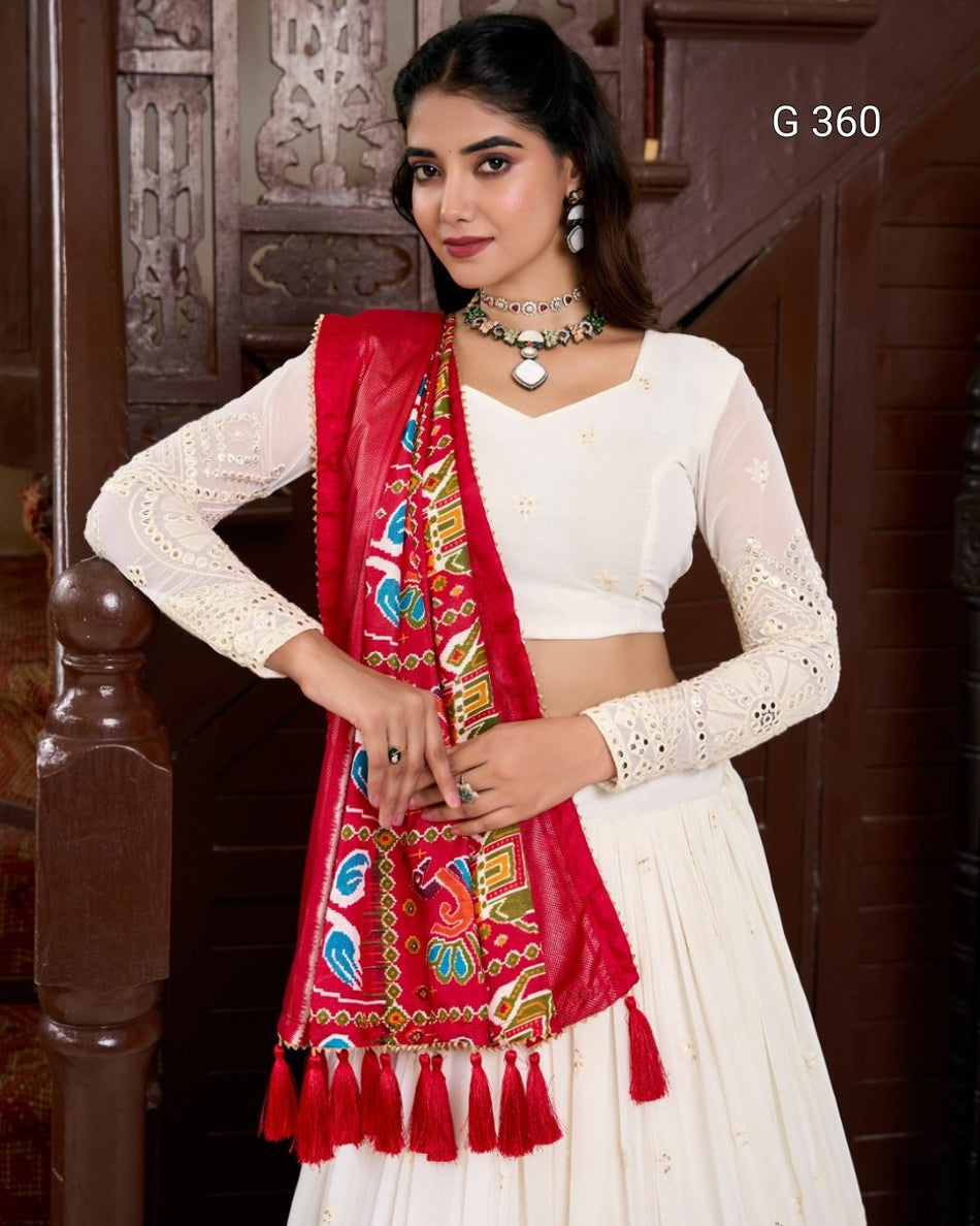 Georgette Lehenga with Lucknowi Paper Mirror Work – G 360 White