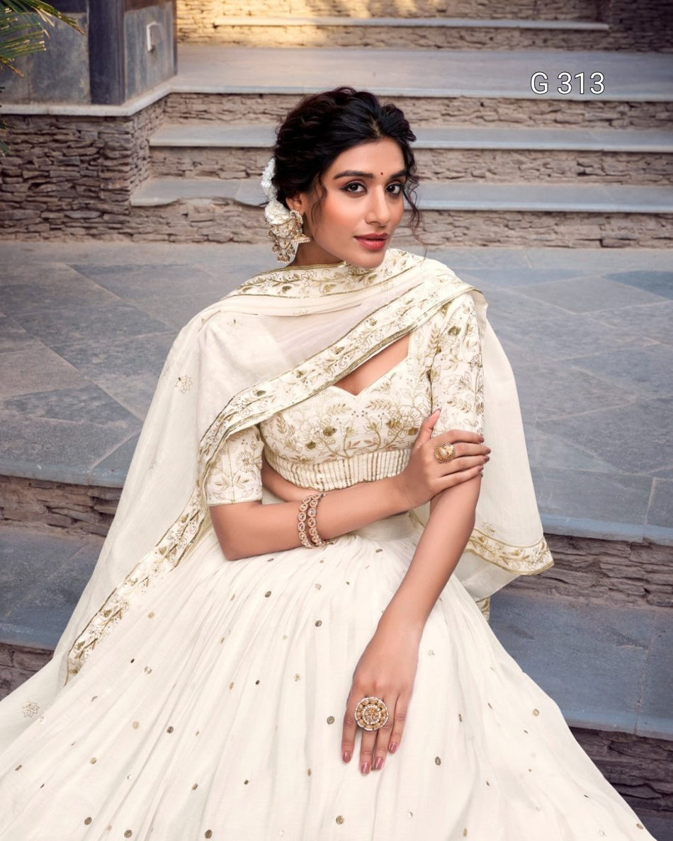 Silver Glosy Lehenga with Sequins & Foil Work – G 313 Off White