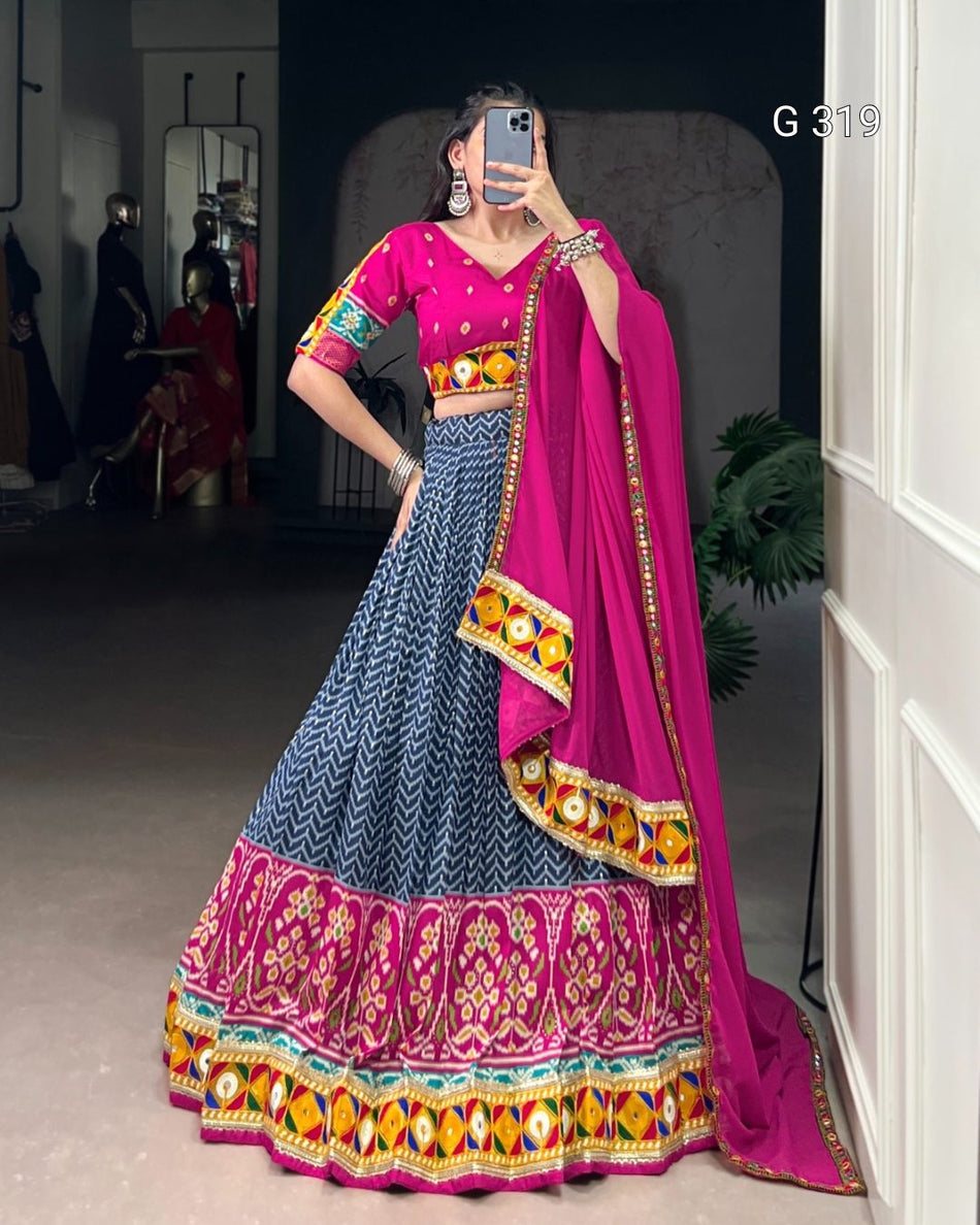 Tasar Silk Lehenga with Foil & Real Mirror Gamthi Work – G 319