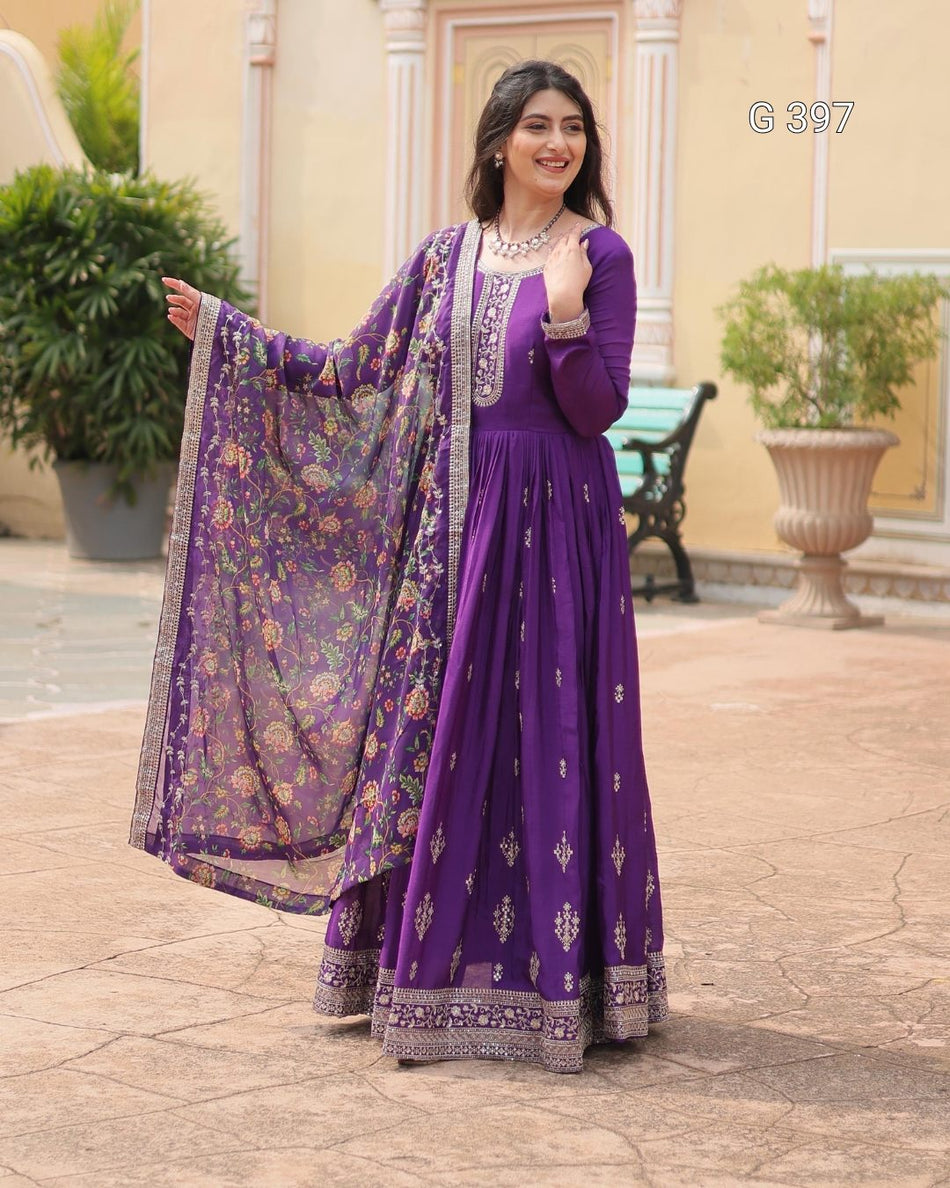 Chinon Gown with Sequins Embroidered Work and Kalamkari Dupatta – G 397