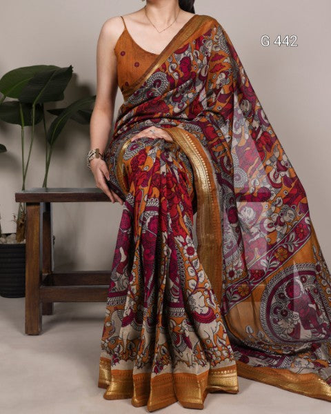Kalamkari Chanderi Sarees with Shimmering Zari Work - G 442