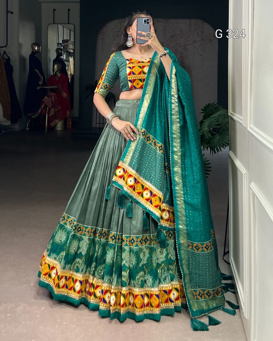 Tasar Silk Lehenga with Foil & Mirror Work – G 324