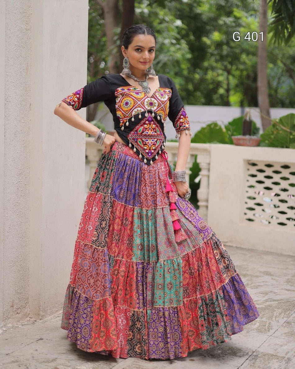 Cotton Printed Lehenga with Kutchi Gamthi Embroidered Top – G 401 Multi
