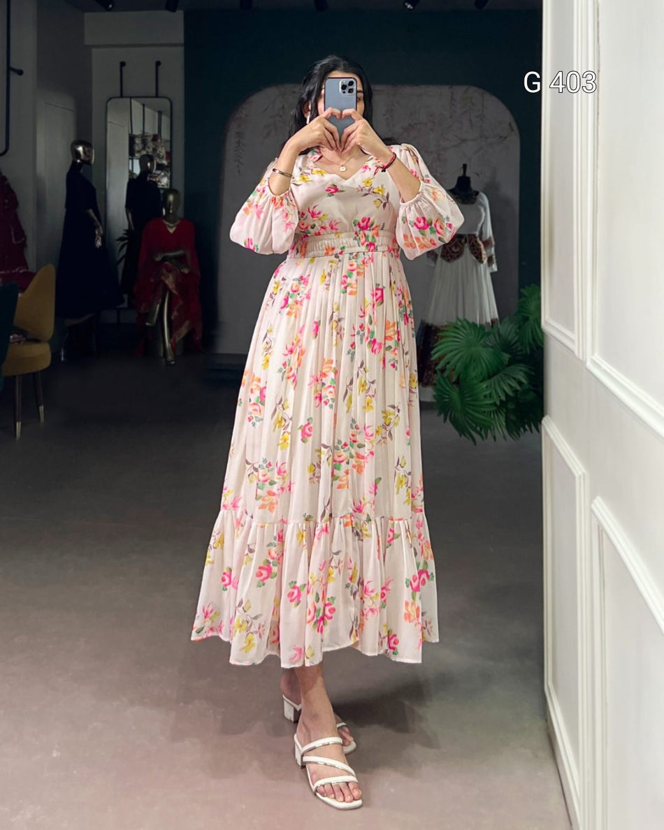 Georgette Frock with Floral Print – G 403 Cream