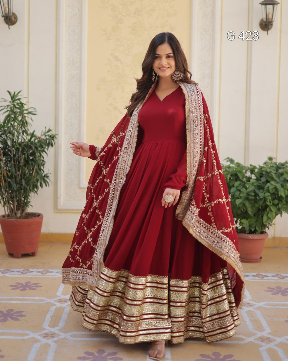 Faux Blooming Embroidered Gown with Sequins Dupatta – G 423 Maroon