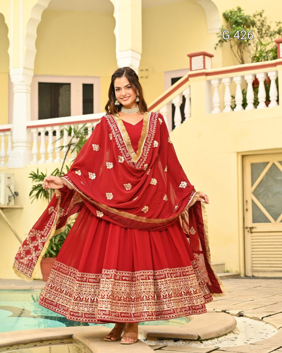 Faux Blooming Gown with Zari & Sequins Embroidery – G 426 Red