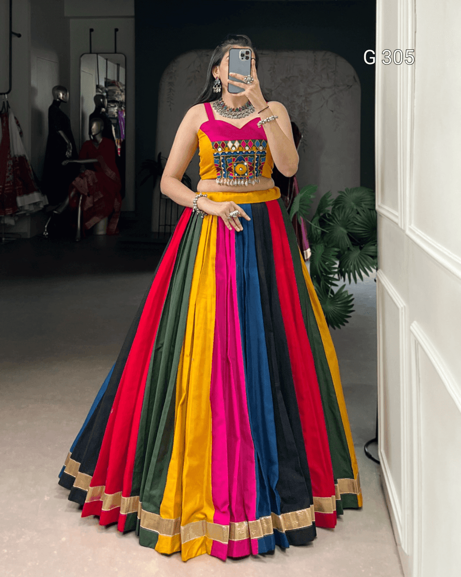 Multi-Coloured Pure Cotton Lehenga with Mirror & Lace Work – G 305 Multi