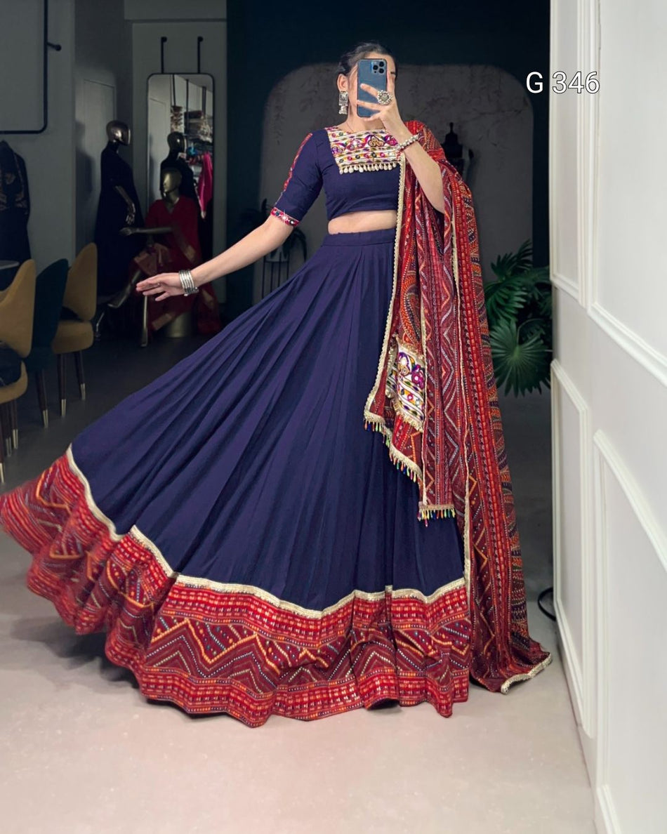 Navy Blue Pure Rayon Lehenga with Bandhej Print & Foil Work - G 346 Navy Blue